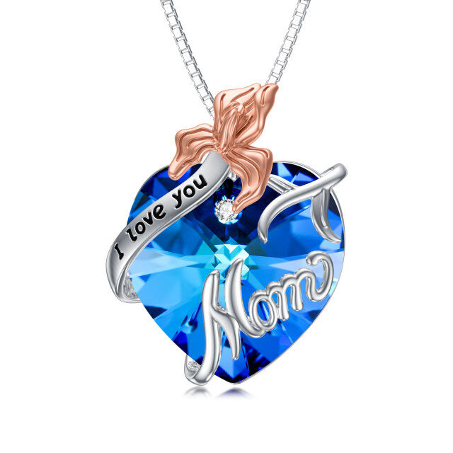 Sterling Silver Two-tone Heart Shaped Birth Flower & Heart Crystal Pendant Necklace with Engraved Word-1