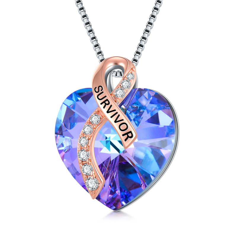 Sterling Silver Two-Tone Heart Crystal Breast Cancer Pendant Necklace For Women-1