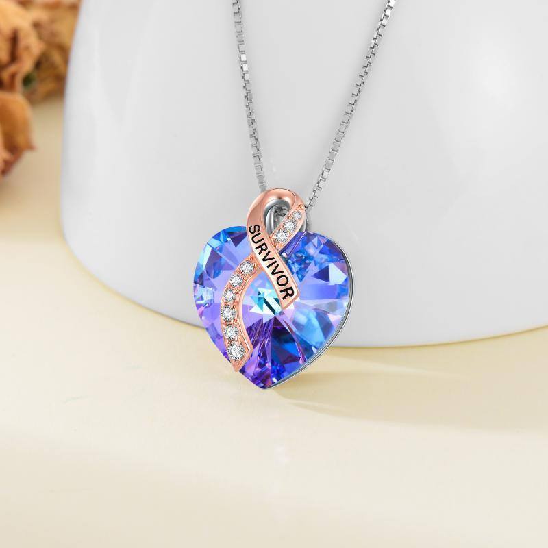 Sterling Silver Two-Tone Heart Crystal Breast Cancer Pendant Necklace For Women-4
