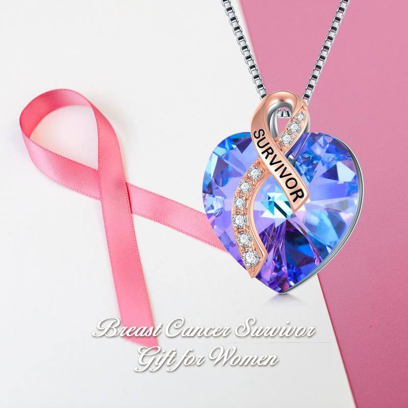 Collar con colgante de cáncer de mama con cristal de corazón de dos tonos de plata de ley para mujer-6