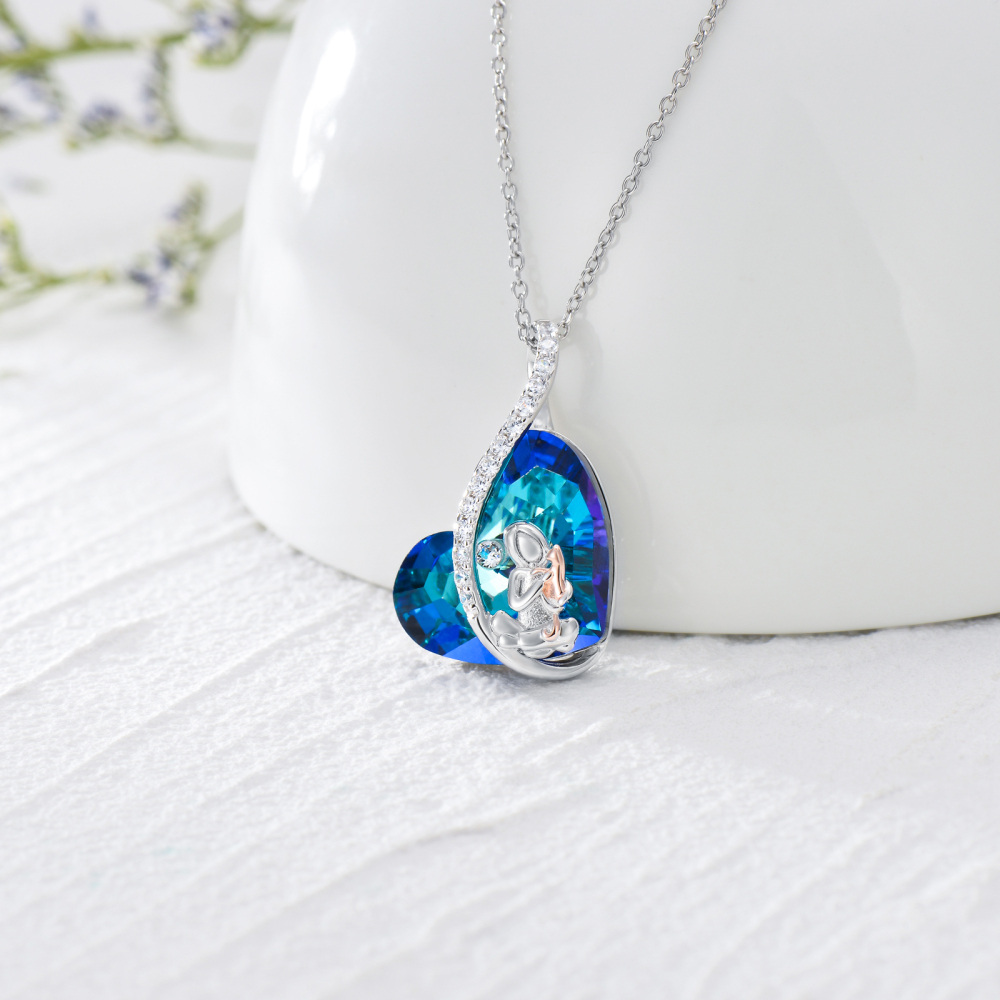 Collar con colgante de gato de cristal de corazón de dos tonos de plata de ley para mujer-3