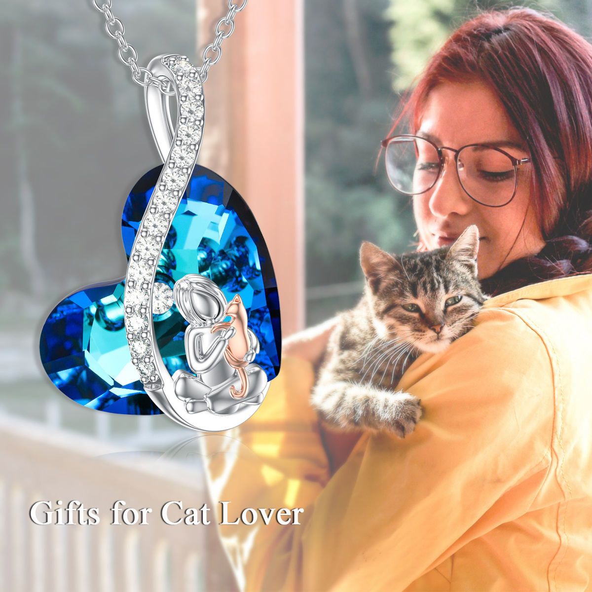 Collar con colgante de gato de cristal de corazón de dos tonos de plata de ley para mujer-5