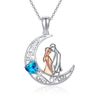 Sterling Silver Two-Tone Heart Cubic Zirconia Couple & Moon Pendant Necklace For Women Men-1