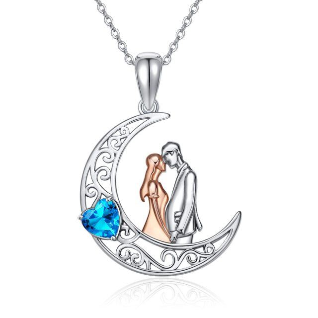 Collana in argento sterling a forma di cuore con coppia di zirconi e ciondolo a forma di cuore e luna