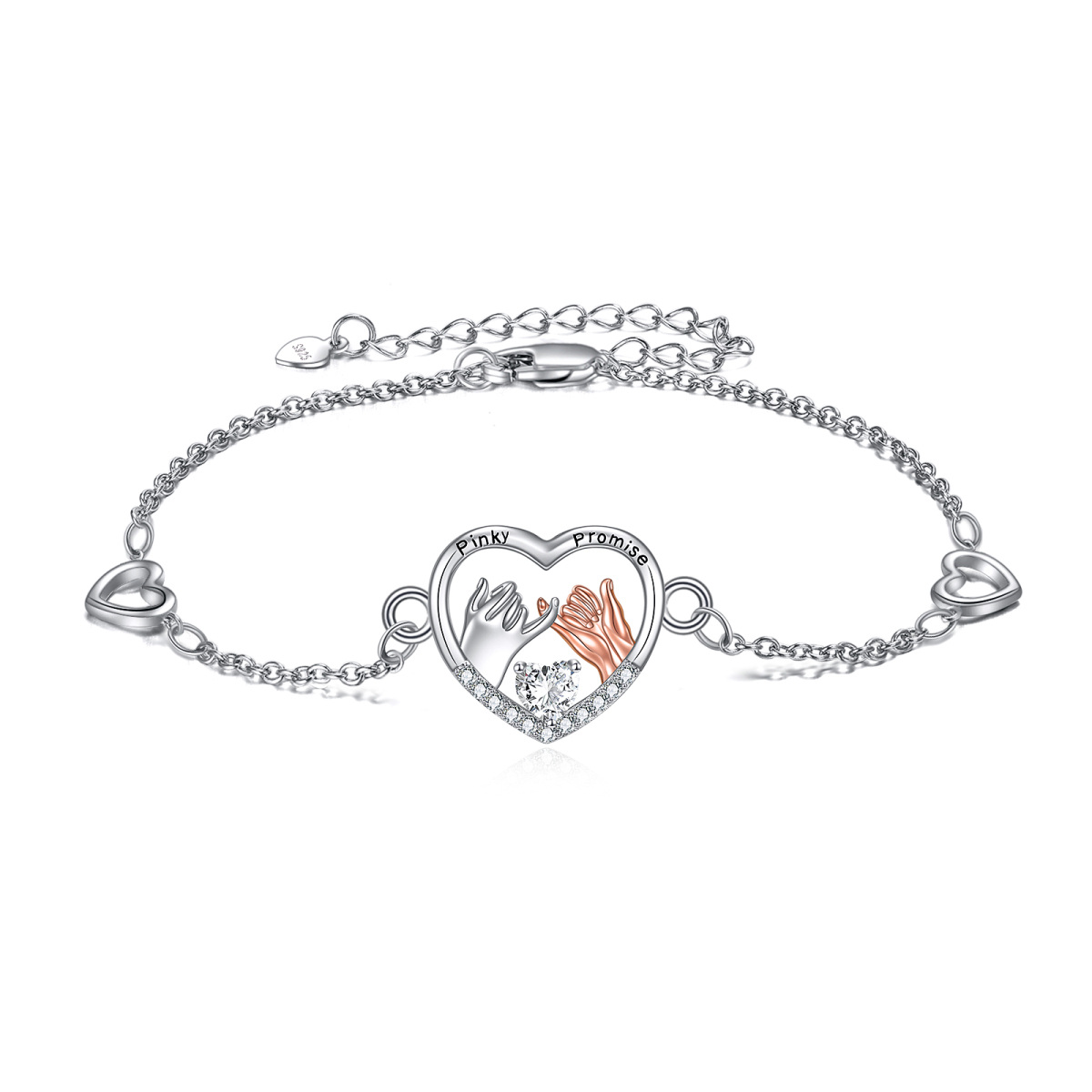 Sterling Silver Two-Tone Cubic Zirconia Heart Pinky Pendant Engraving Bracelet For Couple-1