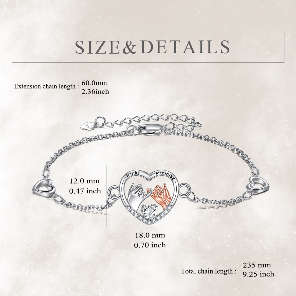 Sterling Silver Two-Tone Cubic Zirconia Heart Pinky Pendant Engraving Bracelet For Couple-5