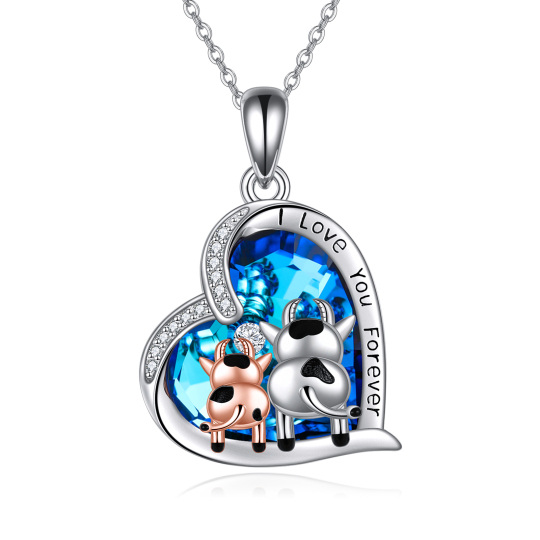 Sterling Silver Two-tone Heart Shaped Cow & Heart Crystal Pendant Necklace with Engraved Word