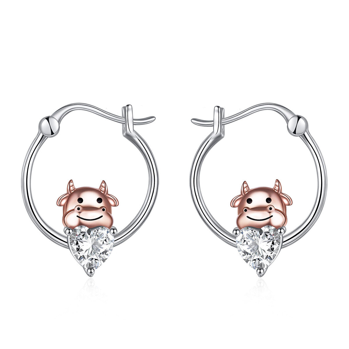 Sterling Silver Two-tone Heart Shaped Cubic Zirconia Cow Hoop Earrings-1