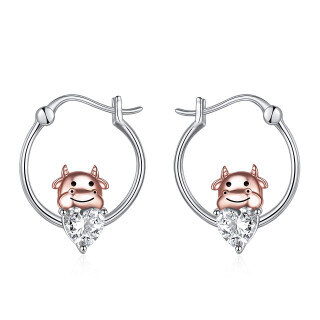 Sterling Silver Two-tone Heart Shaped Cubic Zirconia Cow Hoop Earrings-29