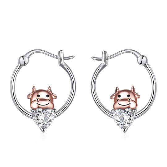 Sterling Silver Two-tone Heart Shaped Cubic Zirconia Cow Hoop Earrings