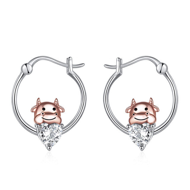 Sterling Silver Two-tone Heart Shaped Cubic Zirconia Cow Hoop Earrings-2