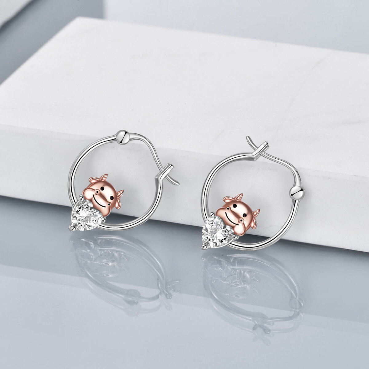 Sterling Silver Two-tone Heart Shaped Cubic Zirconia Cow Hoop Earrings-3