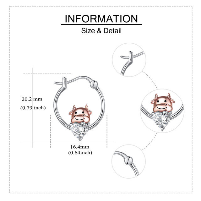 Sterling Silver Two-tone Heart Shaped Cubic Zirconia Cow Hoop Earrings-5