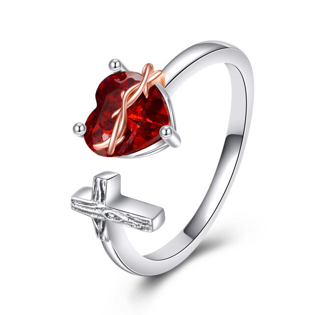 Anello aperto in argento sterling bicolore a forma di cuore con croce e cuore in zirconia-1