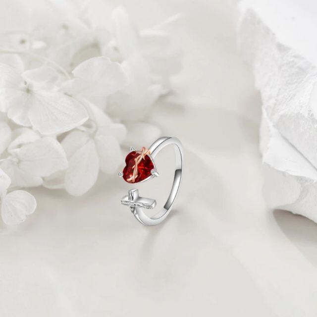 Anello aperto in argento sterling bicolore a forma di cuore con croce e cuore in zirconia-4