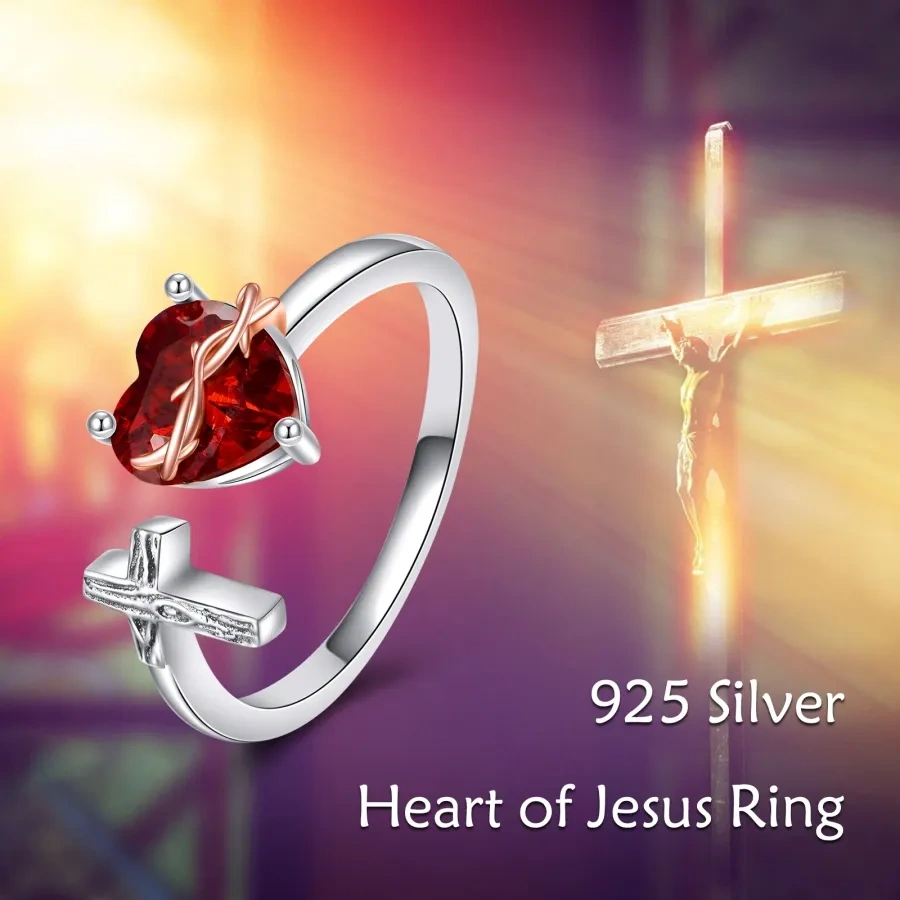 Sterling Silver Two-tone Heart Shaped Cubic Zirconia Cross & Heart Open Ring-5