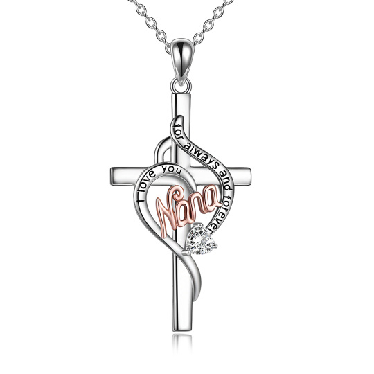 Sterling Silver Two-tone Heart Shaped Cubic Zirconia Cross & Heart Pendant Necklace with Engraved Word