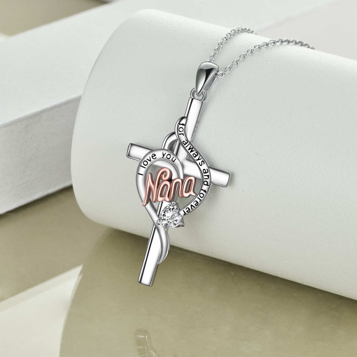 Sterling Silver Two-tone Heart Shaped Cubic Zirconia Cross & Heart Pendant Necklace with Engraved Word-3