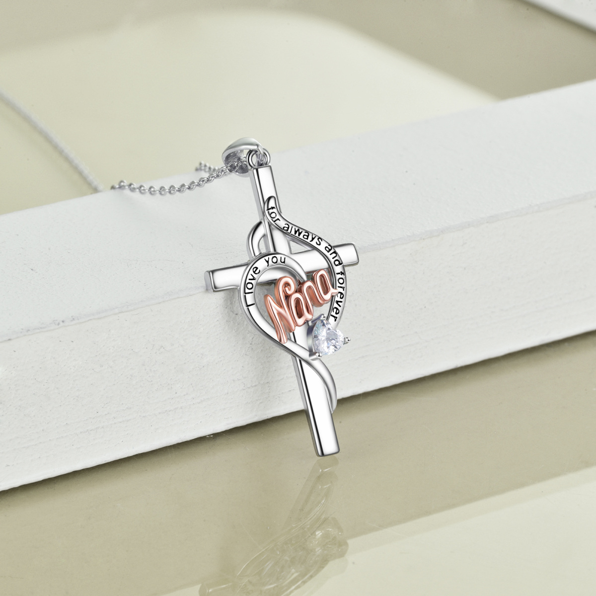 Sterling Silver Two-tone Heart Shaped Cubic Zirconia Cross & Heart Pendant Necklace with Engraved Word-4