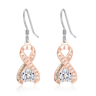 Sterling Silver Two-tone Heart Shaped Crystal Breast Cancer & Ribbon Drop Earrings with Engraved Word-2