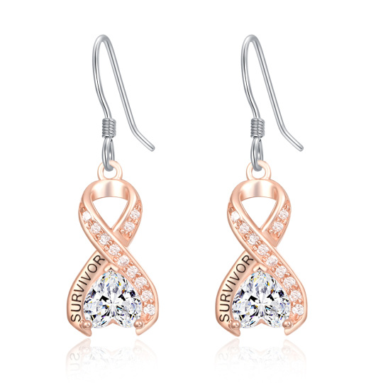 Sterling Silver Two-tone Heart Shaped Crystal Breast Cancer & Ribbon Drop Earrings with Engraved Word