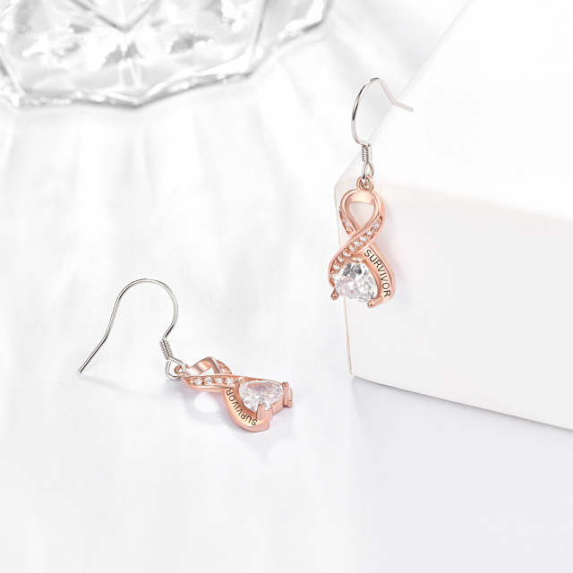 Sterling Silver Two-tone Heart Shaped Crystal Breast Cancer & Ribbon Drop Earrings with Engraved Word-4