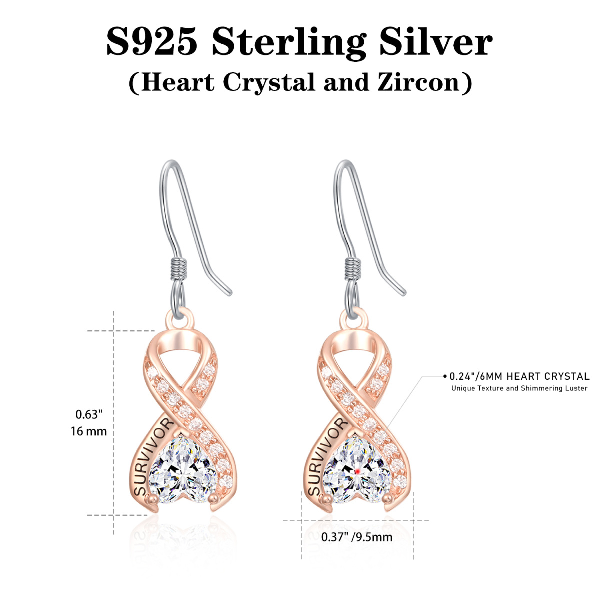 Sterling Silver Two-tone Heart Shaped Crystal Breast Cancer & Ribbon Drop Earrings with Engraved Word-5