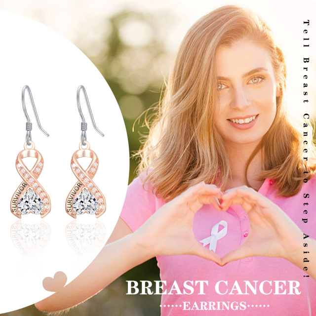 Sterling Silver Two-tone Heart Shaped Crystal Breast Cancer & Ribbon Drop Earrings with Engraved Word-6