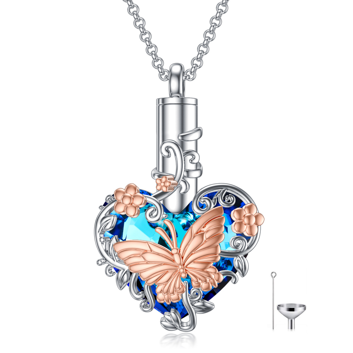 Sterling Silver Two-Tone Heart Crystal Butterfly Urn Necklace For Ashes-1