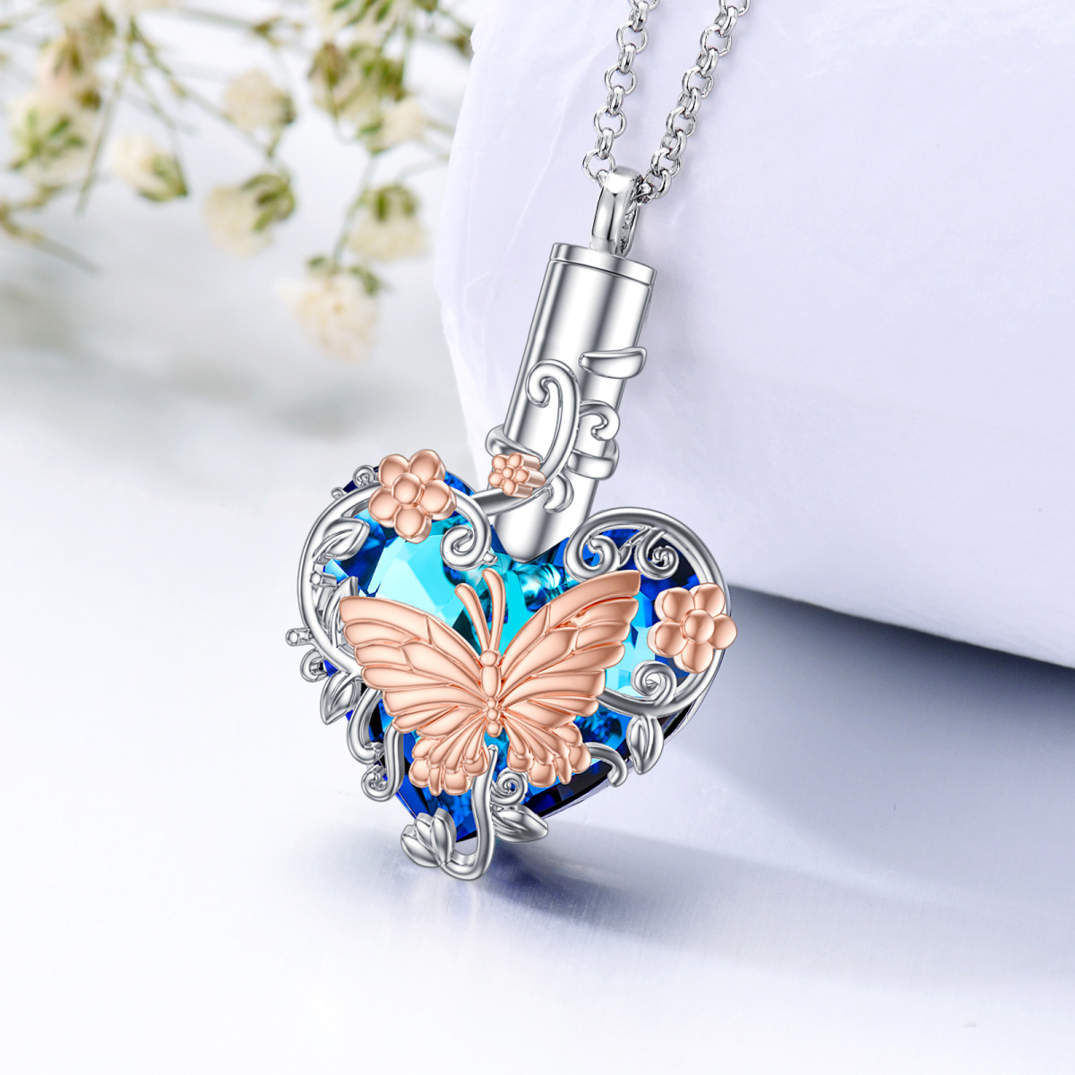 Sterling Silver Two-Tone Heart Crystal Butterfly Urn Necklace For Ashes-4