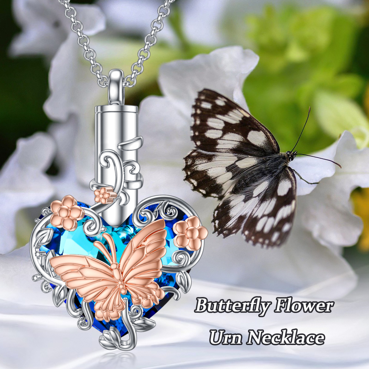 Sterling Silver Two-Tone Heart Crystal Butterfly Urn Necklace For Ashes-5