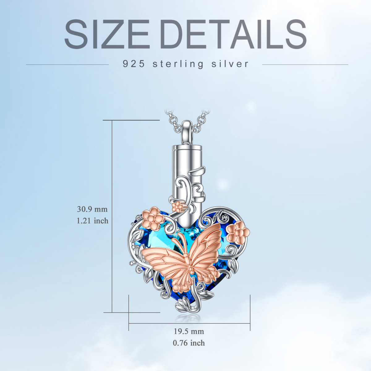 Sterling Silver Two-Tone Heart Crystal Butterfly Urn Necklace For Ashes-6