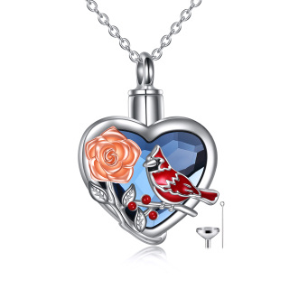 Sterling Silver Two-tone Heart Shaped Crystal Cardinal & Rose Urn Necklace for Ashes with Engraved Word-27