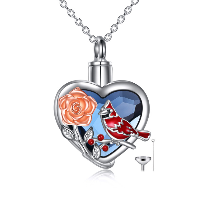 Sterling Silver Two-tone Heart Shaped Crystal Cardinal & Rose Urn Necklace for Ashes with Engraved Word-1