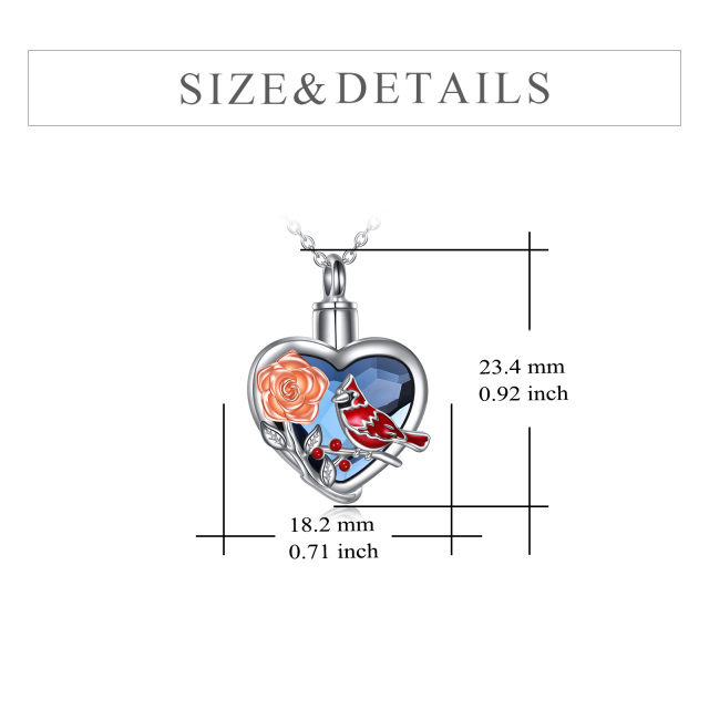 Sterling Silver Two-tone Heart Shaped Crystal Cardinal & Rose Urn Necklace for Ashes with Engraved Word-5