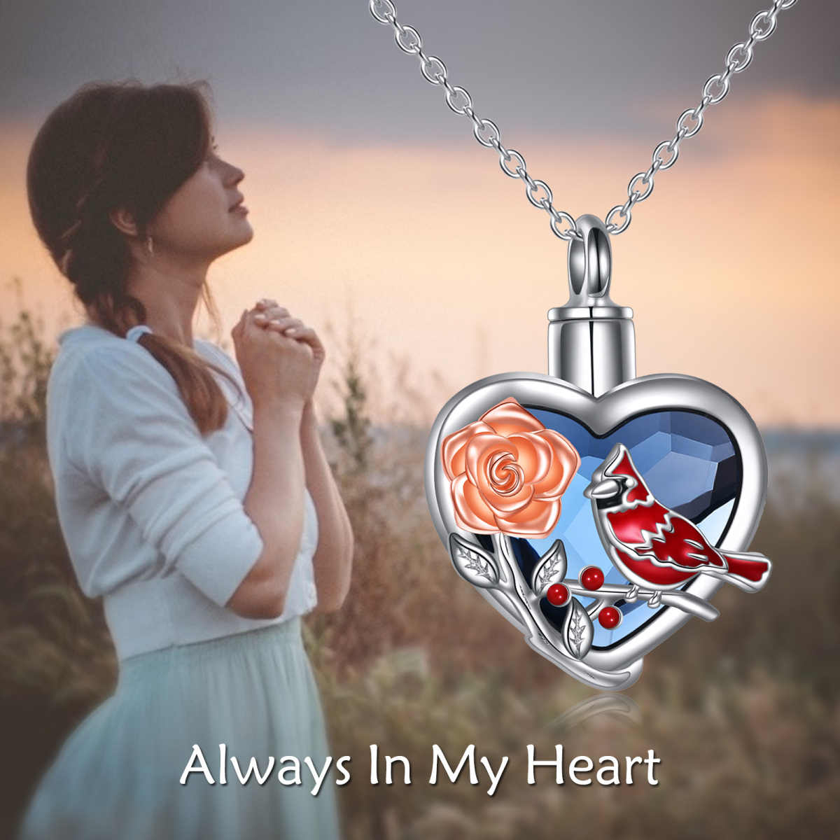 Sterling Silver Two-tone Heart Shaped Crystal Cardinal & Rose Urn Necklace for Ashes with Engraved Word-6