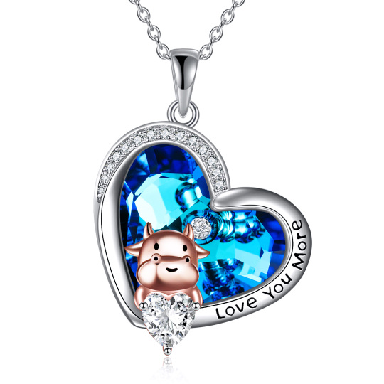 Sterling Silver Two-tone Heart Shaped Crystal & Cubic Zirconia Cow Pendant Necklace