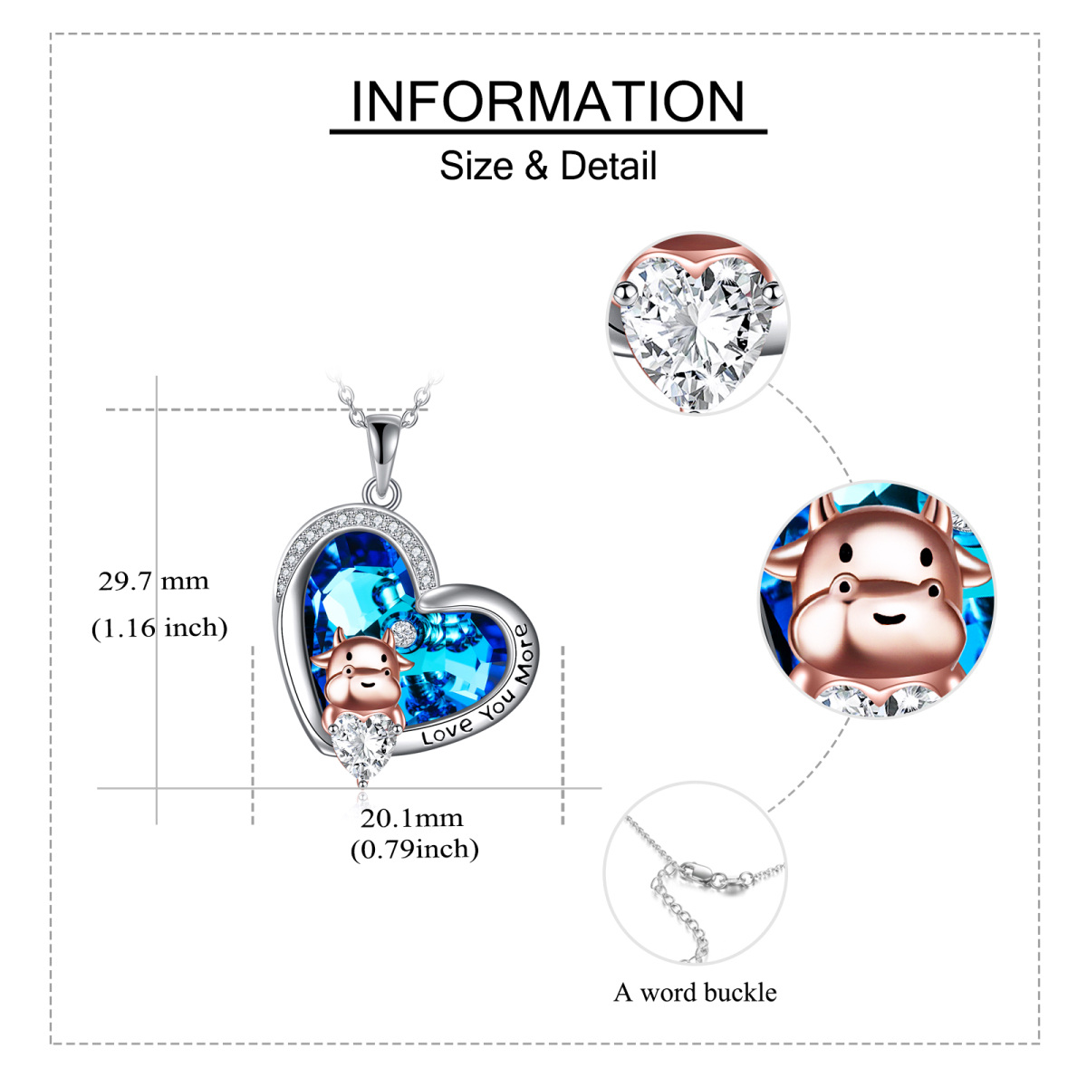 Sterling Silber zweifarbig Herzform Kristall & Cubic Zirkonia Kuh Anhänger Halskette-5