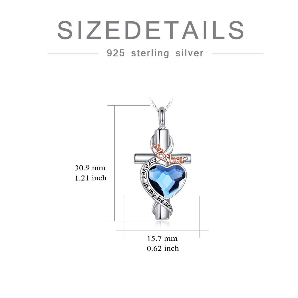 Sterling Silver Two-Tone Heart Crystal Memory Of Mother Cross Urn Necklace For Ashes-5