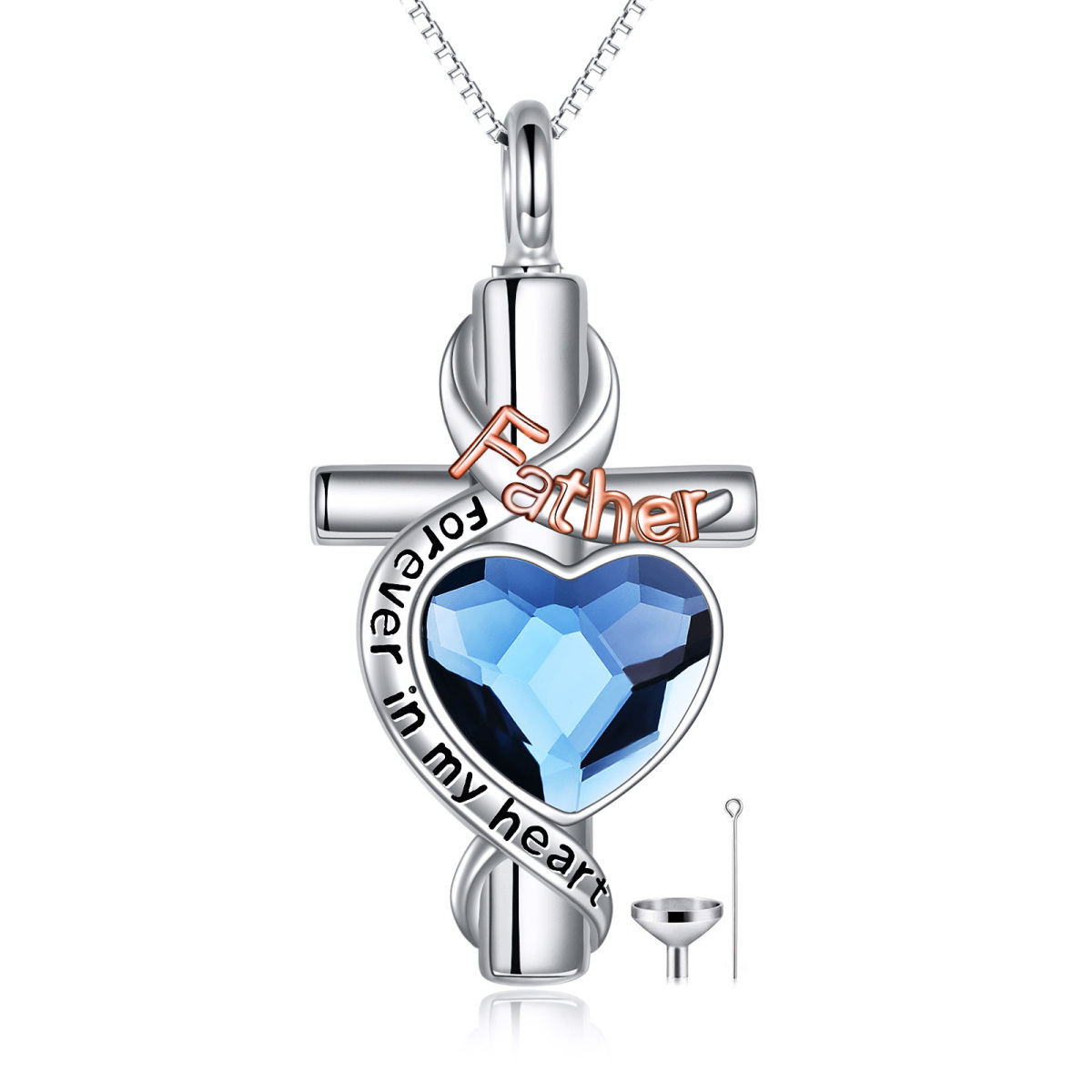 Sterling Silver Two-Tone Heart Crystal Memory Of Father Cross Urn Necklace For Ashes-1