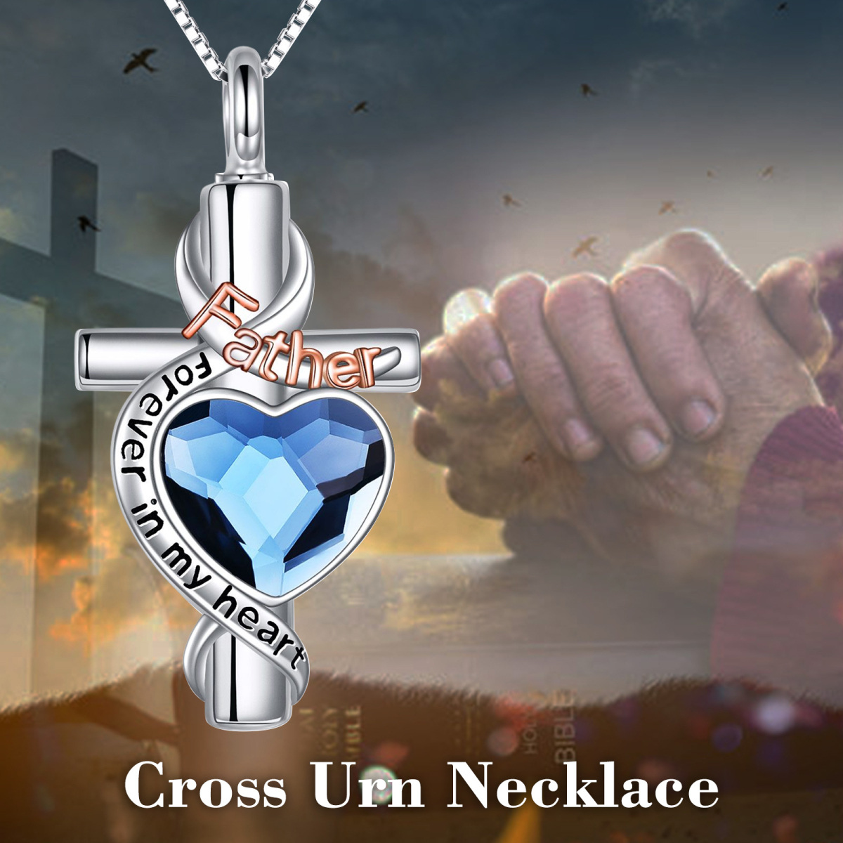 Sterling Silver Two-Tone Heart Crystal Memory Of Father Cross Urn Necklace For Ashes-3