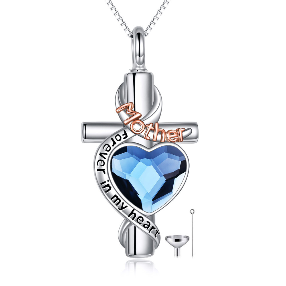 Sterling Silver Two-Tone Heart Crystal Memory Of Mother Cross Urn Necklace For Ashes-1