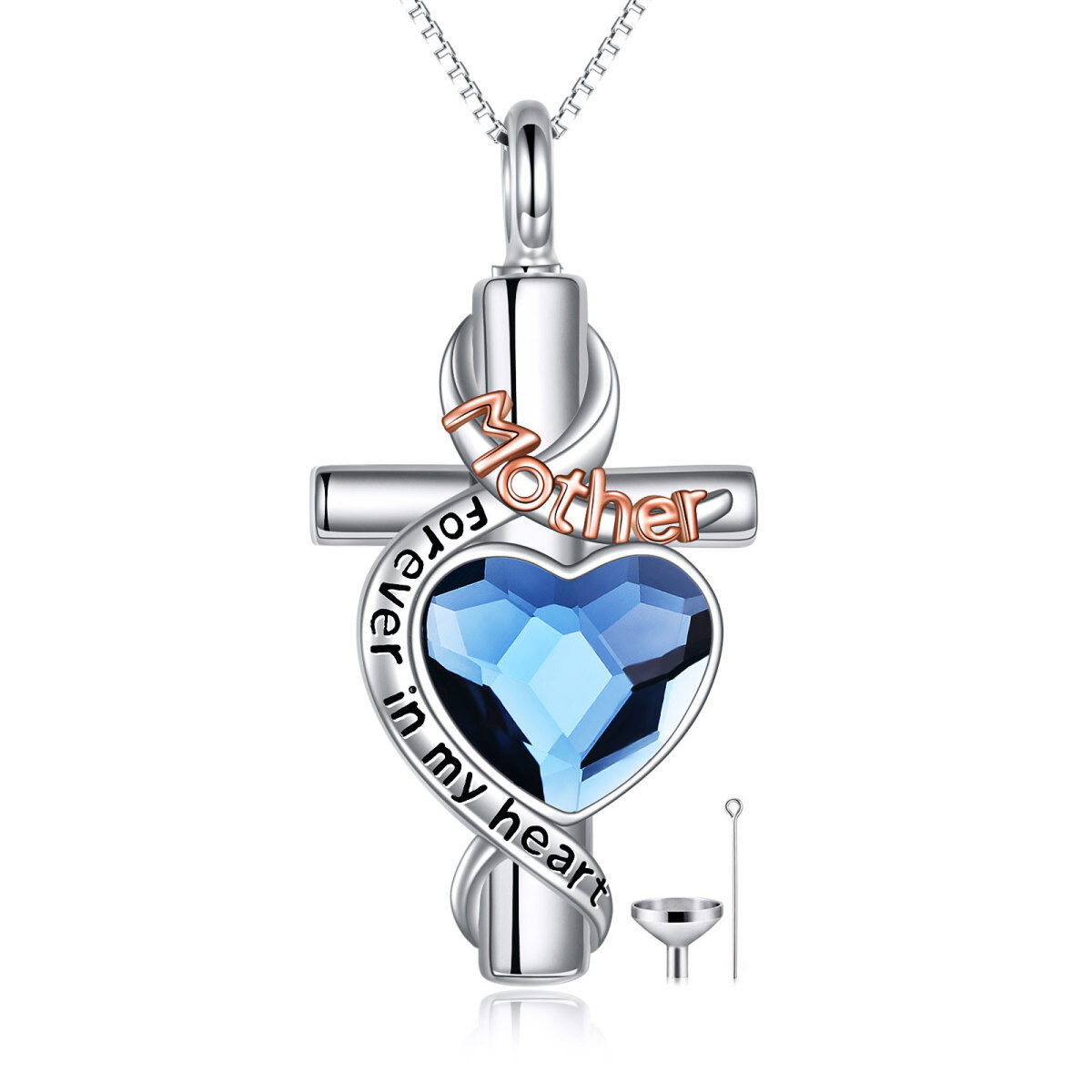 Sterling Silver Two-Tone Heart Crystal Memory Of Mother Cross Urn Necklace For Ashes-1