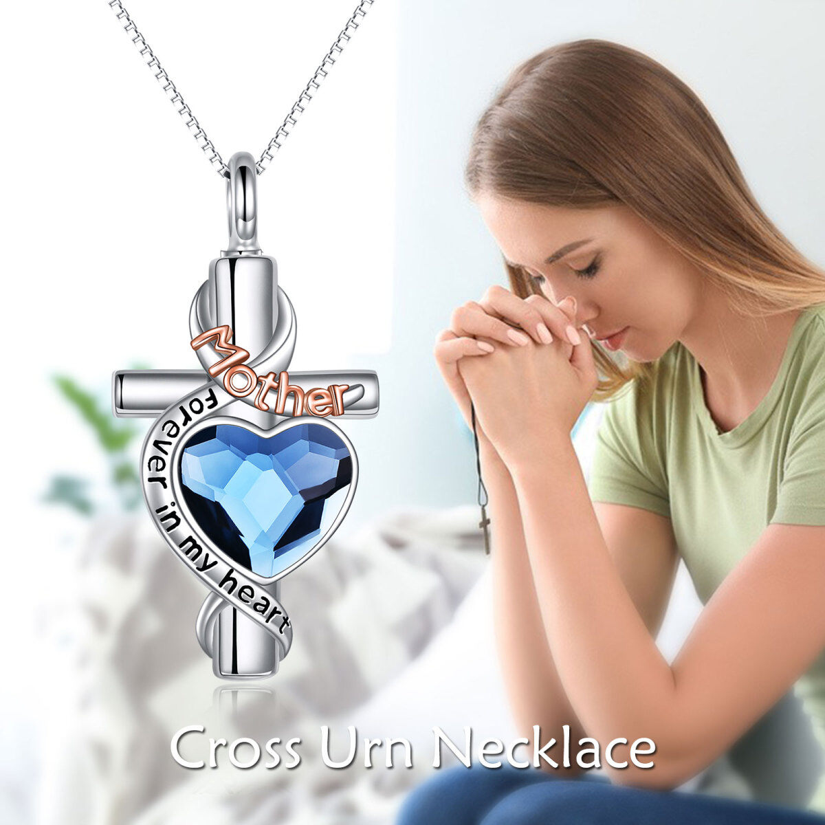 Sterling Silver Two-tone Heart Shaped Crystal Cross Heart Urn Necklace for Ashes with Engraved Word-6