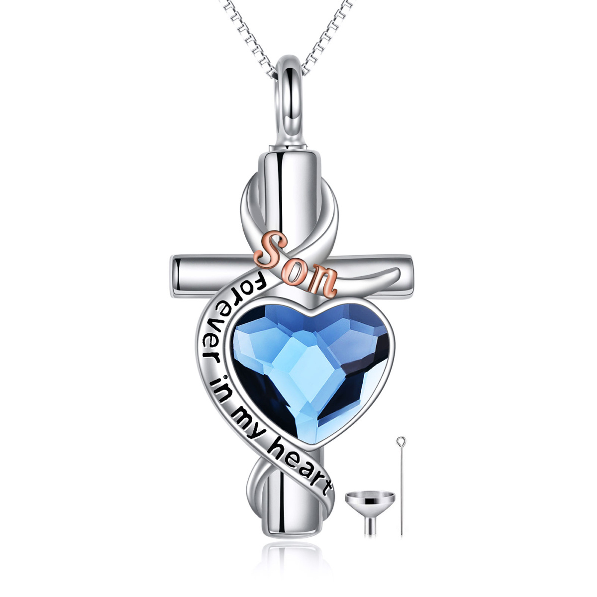 Sterling Silver Two-Tone Heart Crystal Memory Of Son Cross Urn Necklace For Ashes-1