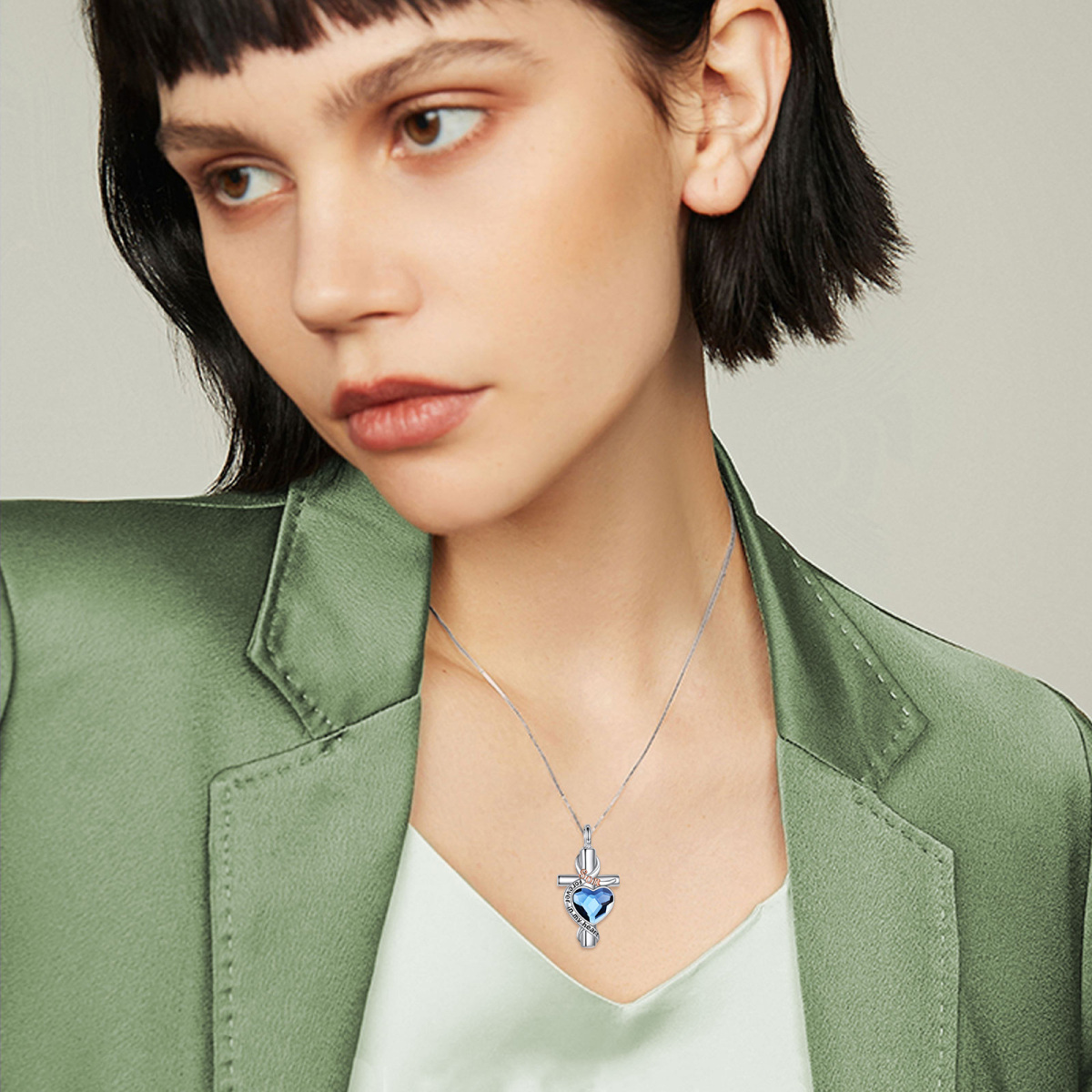Sterling Silver Two-Tone Heart Crystal Memory Of Son Cross Urn Necklace For Ashes-2