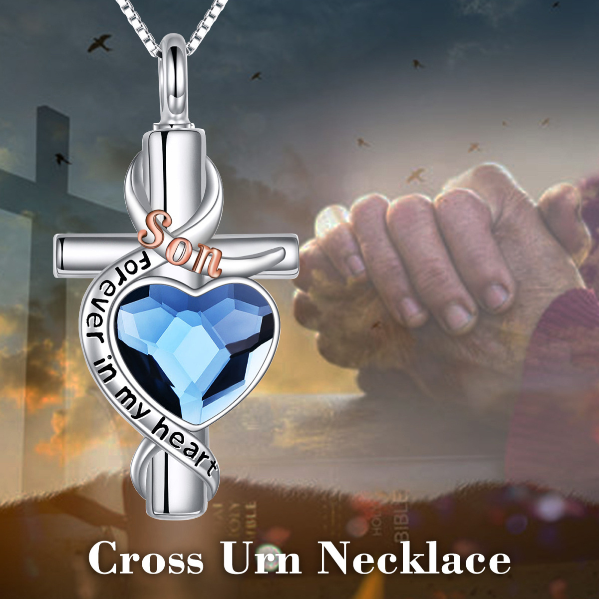Sterling Silver Two-Tone Heart Crystal Memory Of Son Cross Urn Necklace For Ashes-3