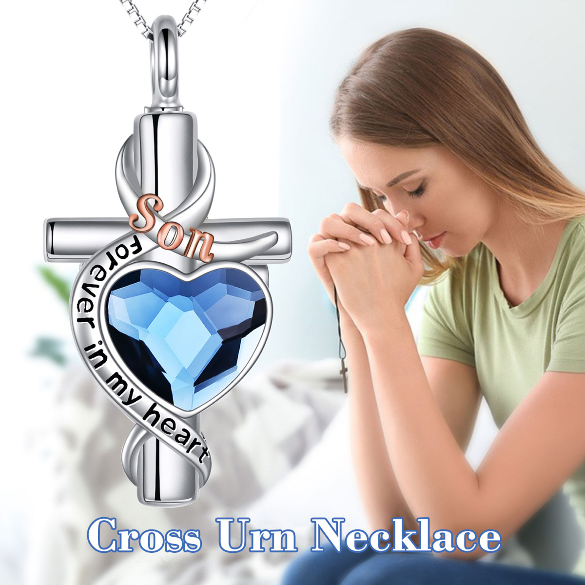 Sterling Silver Two-Tone Heart Crystal Memory Of Son Cross Urn Necklace For Ashes-4