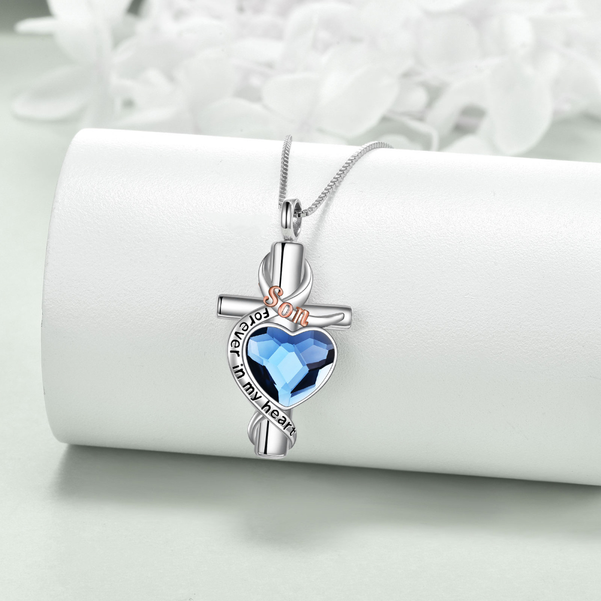 Sterling Silver Two-Tone Heart Crystal Memory Of Son Cross Urn Necklace For Ashes-5