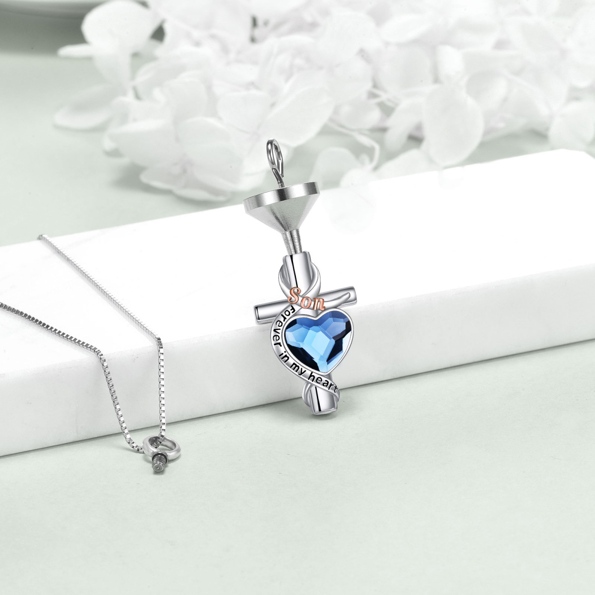 Sterling Silver Two-Tone Heart Crystal Memory Of Son Cross Urn Necklace For Ashes-6